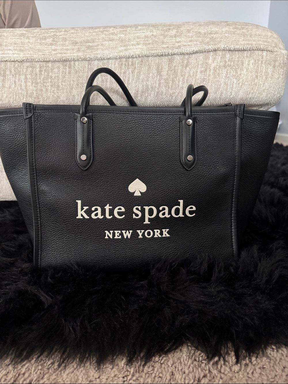 kate spade Black Leather Logo Tote with Cream Script